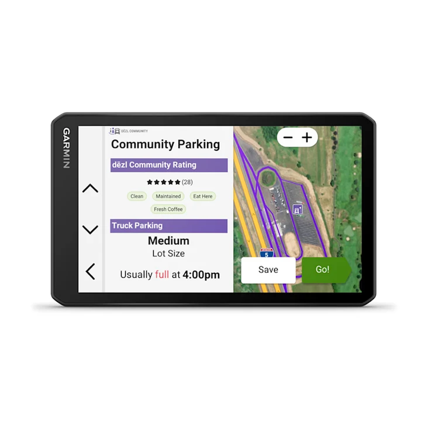 Garmin device showing a community parking map and details.