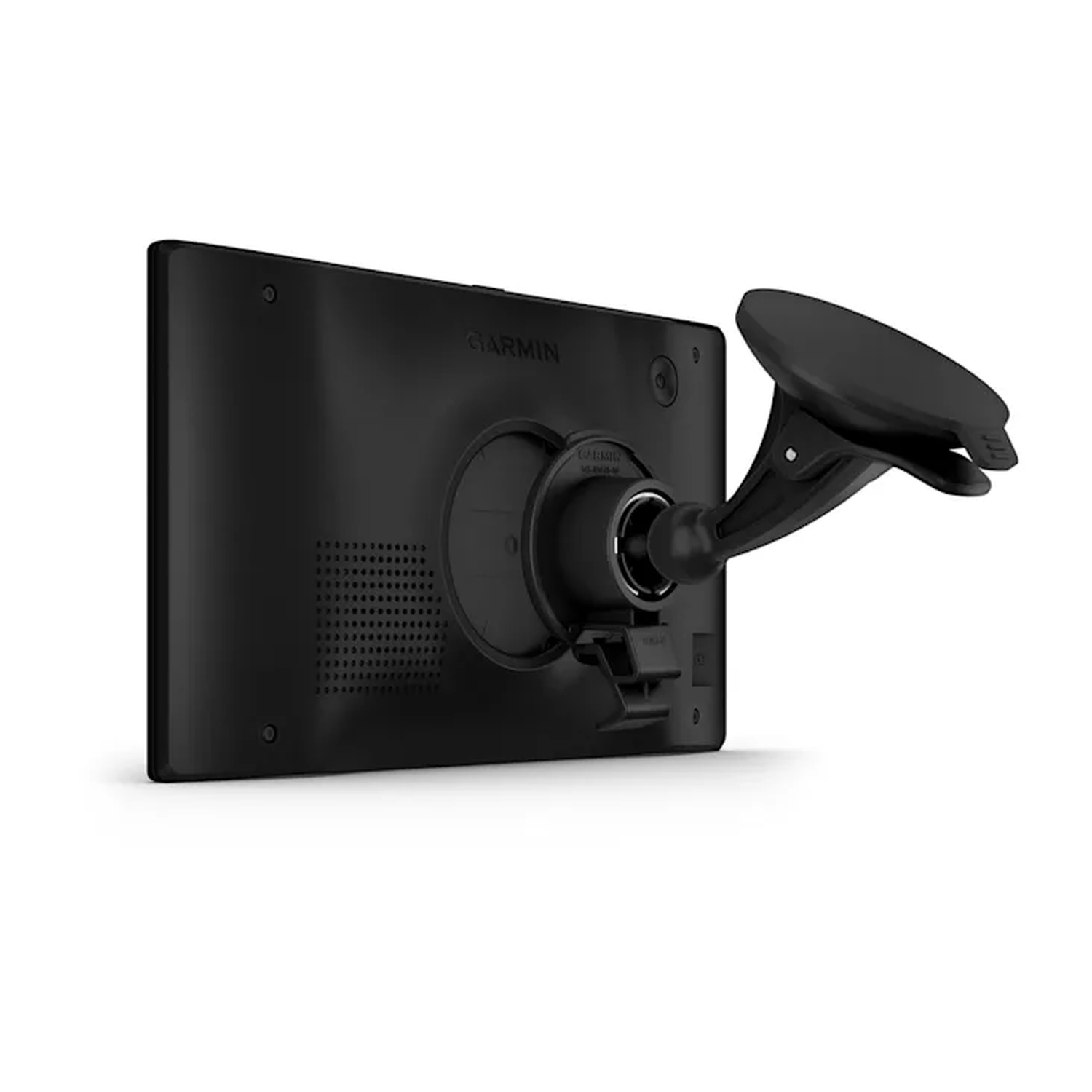 Black Garmin GPS device with a suction cup mount. The screen faces away.