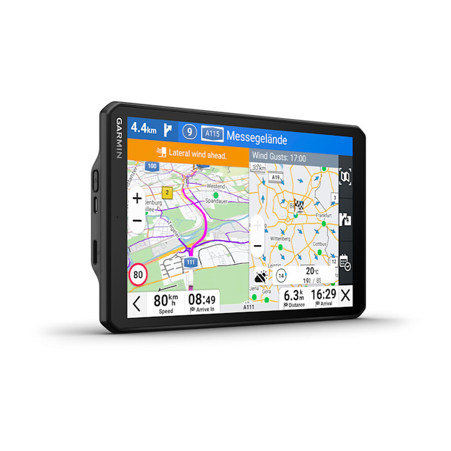 A Garmin GPS device displays a map with navigation information, surrounded by a black frame.