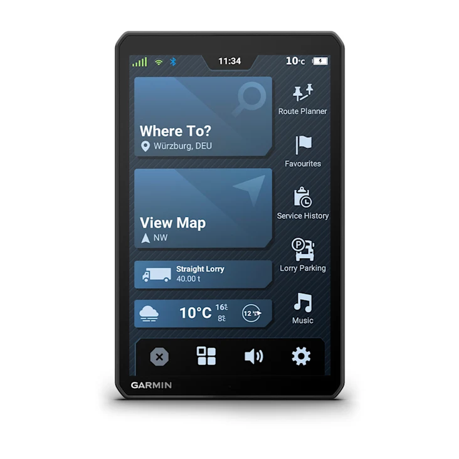 A black Garmin device displays navigation information. The screen shows a map and options.