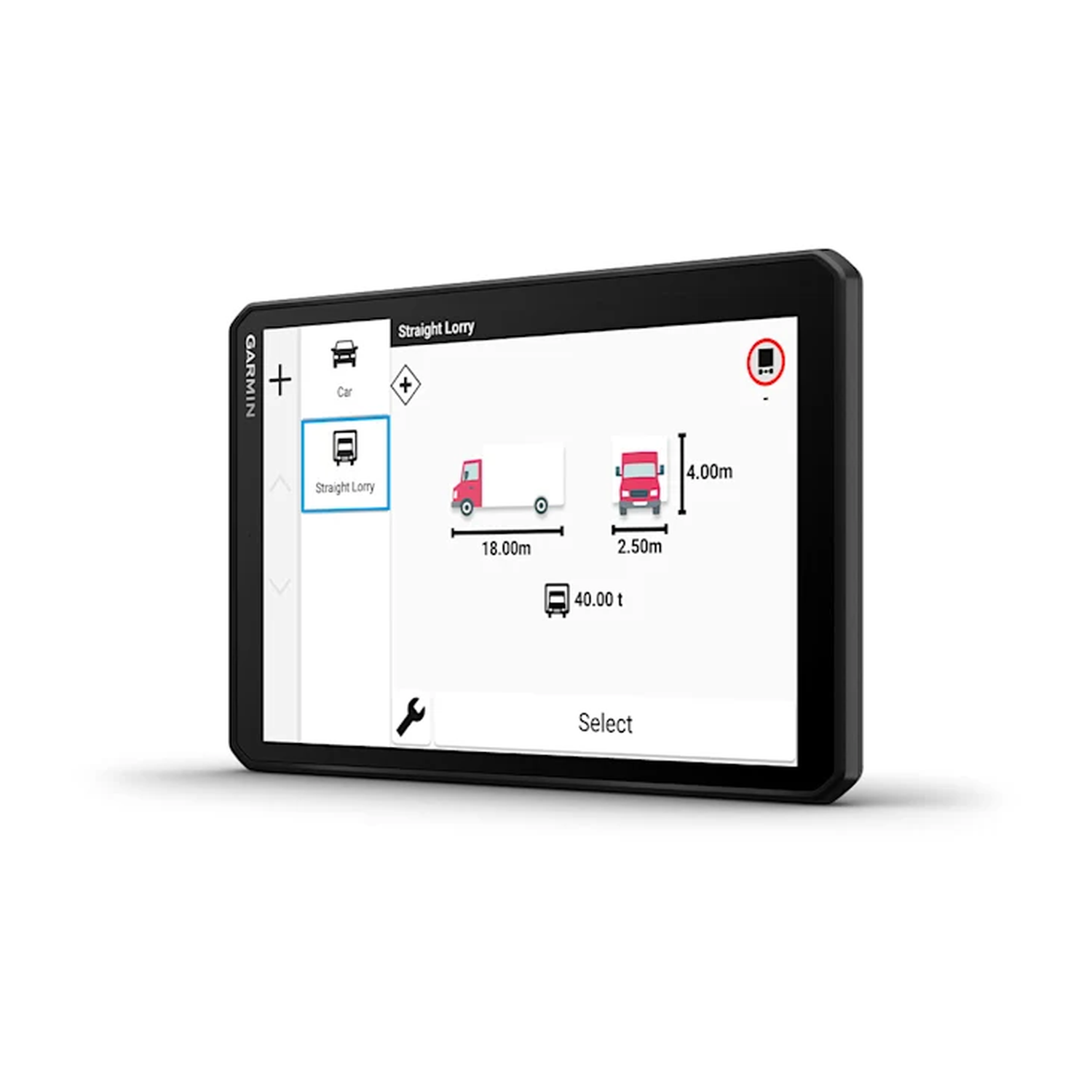 Garmin device showing a straight lorry with dimensions and options.