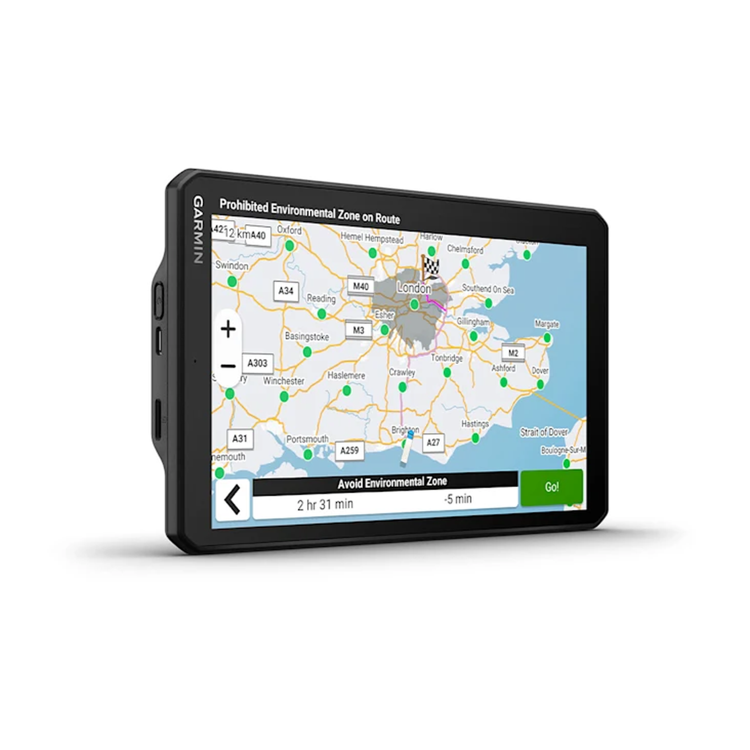GPS device with a map displaying a route, with buttons and a power button on the side.