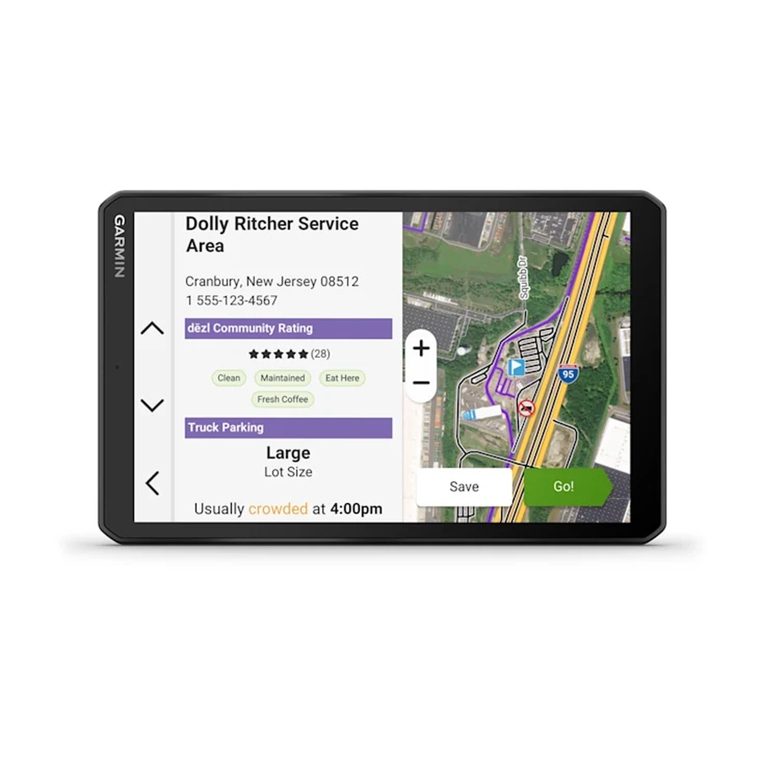 A Garmin GPS device showing a map and service information on a white background.