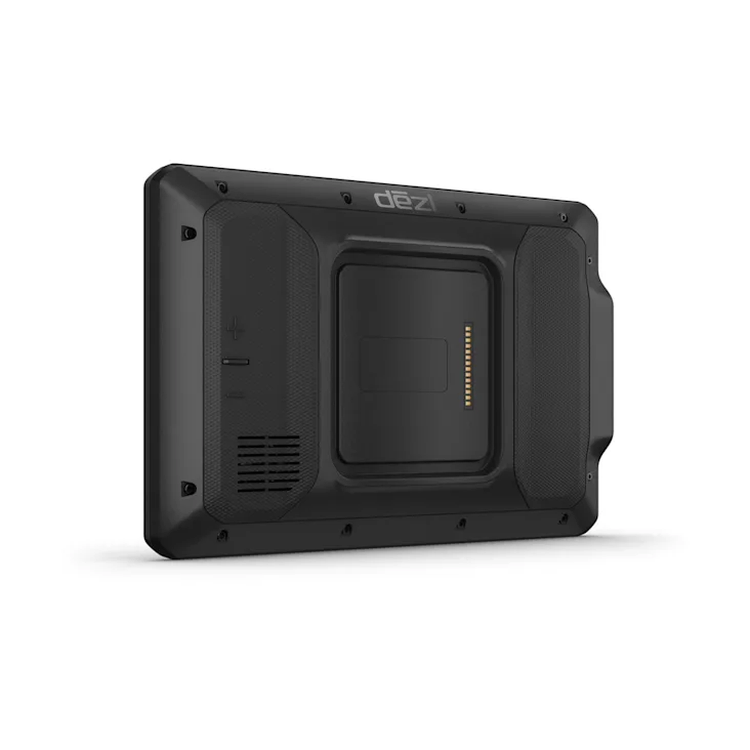 Black Dezl GPS device, back view, with a charging port. The device is on a white surface.