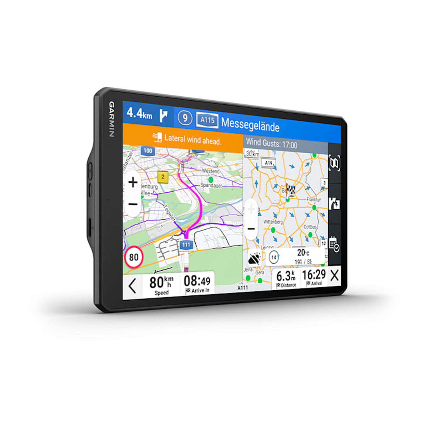 Black Garmin GPS device showing map screen.