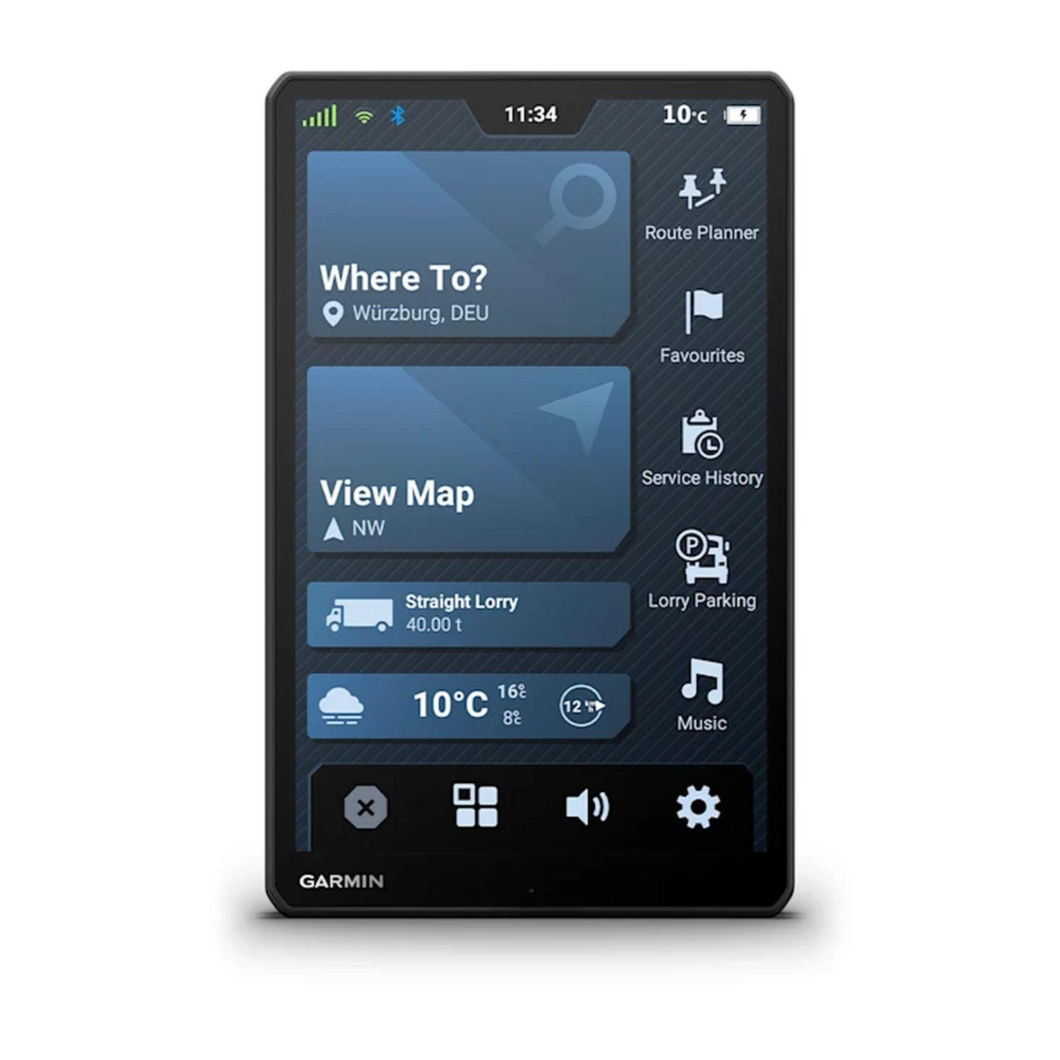 Black digital device screen displaying navigation and settings.