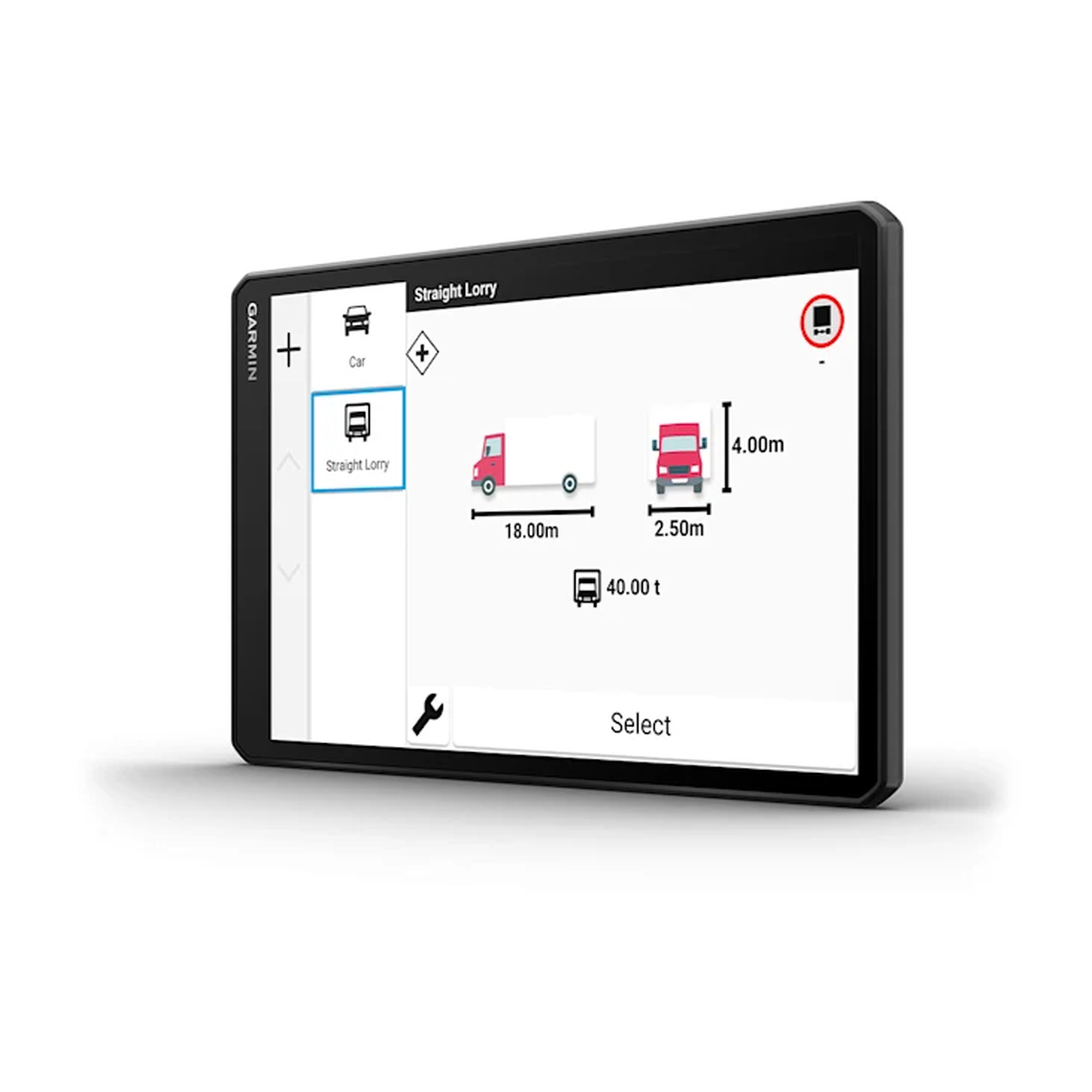 A tablet with a Garmin interface displaying a straight lorry with dimensions.