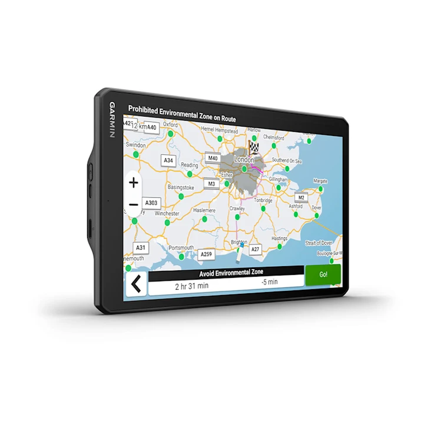 Garmin GPS device displaying a map of an area with many cities.
