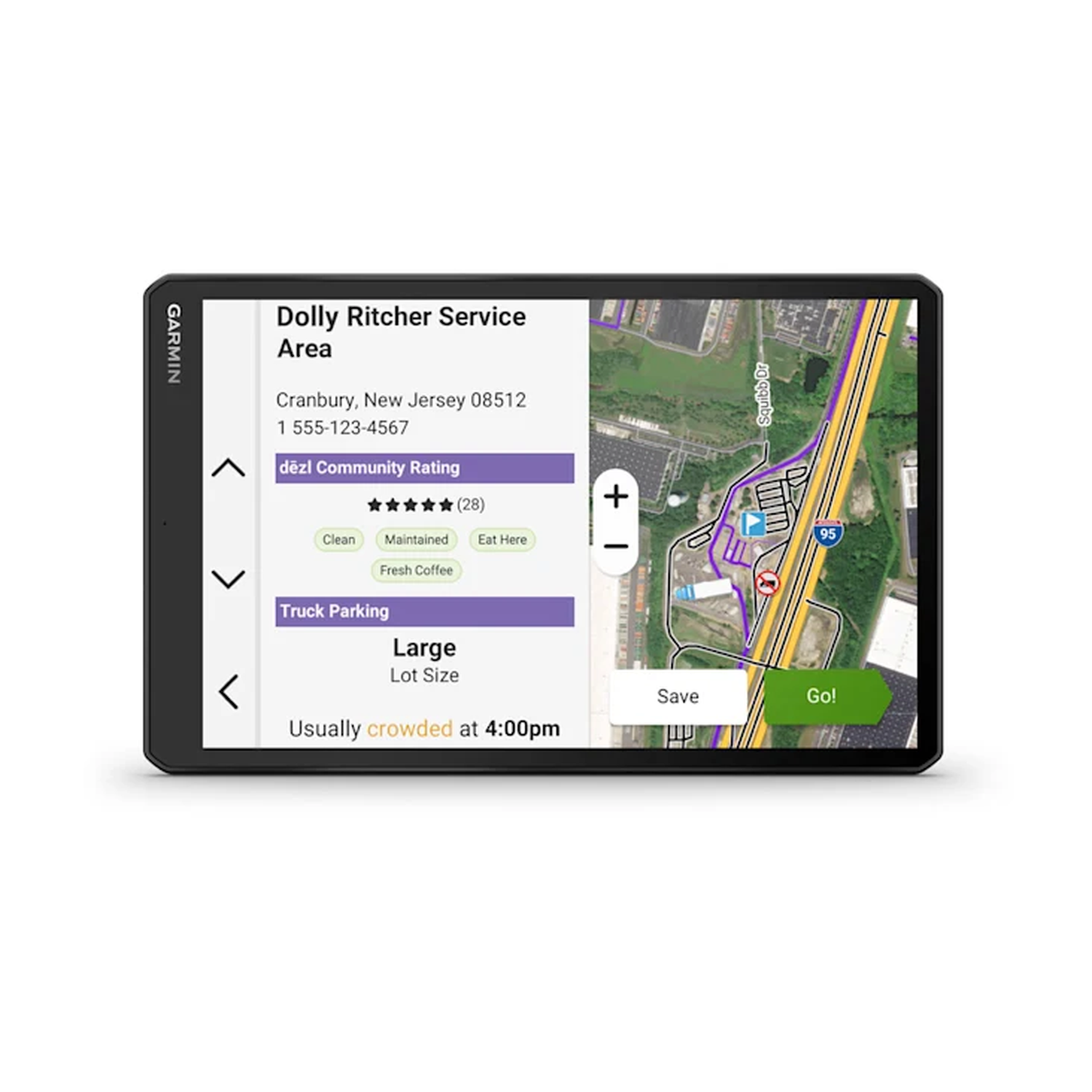 Garmin GPS screen. It displays a service area map with truck parking, and a community rating.