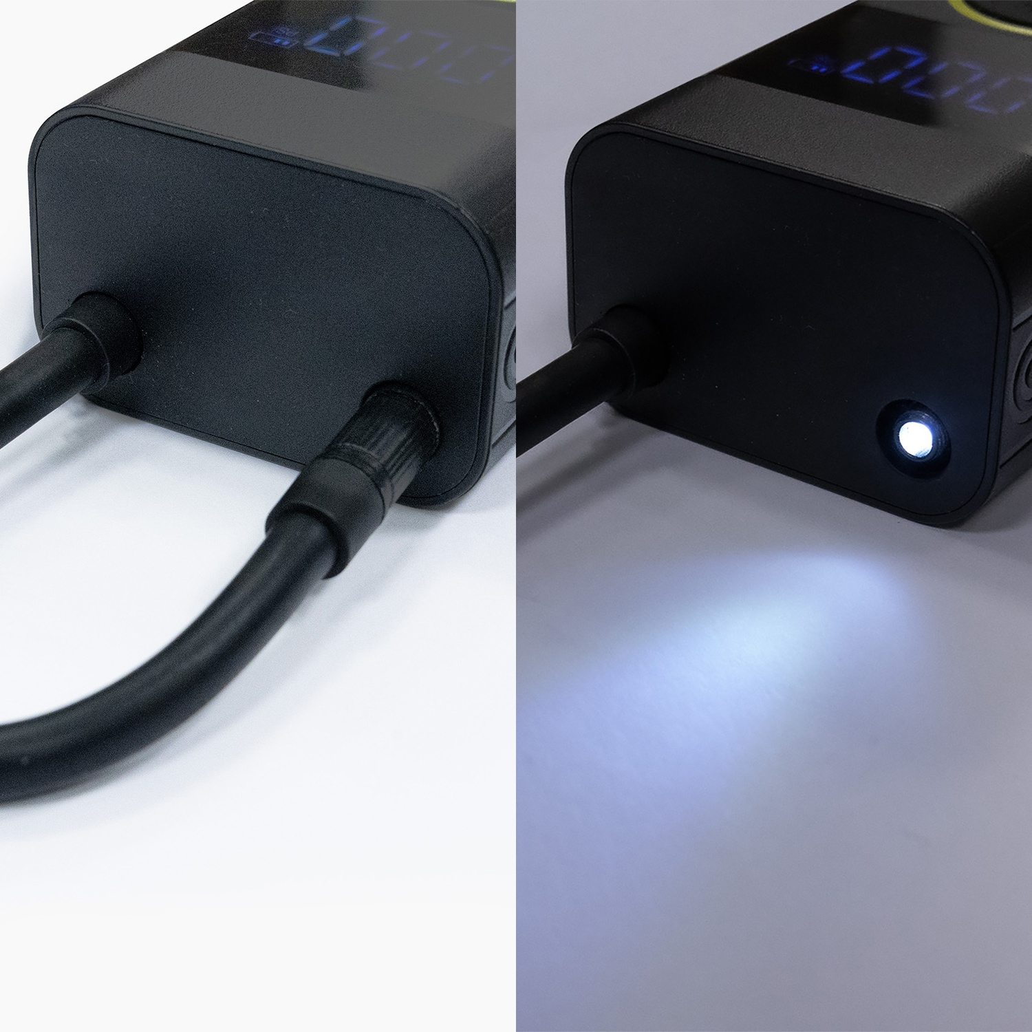 Due dispositivi neri con display blu e luce bianca a destra.