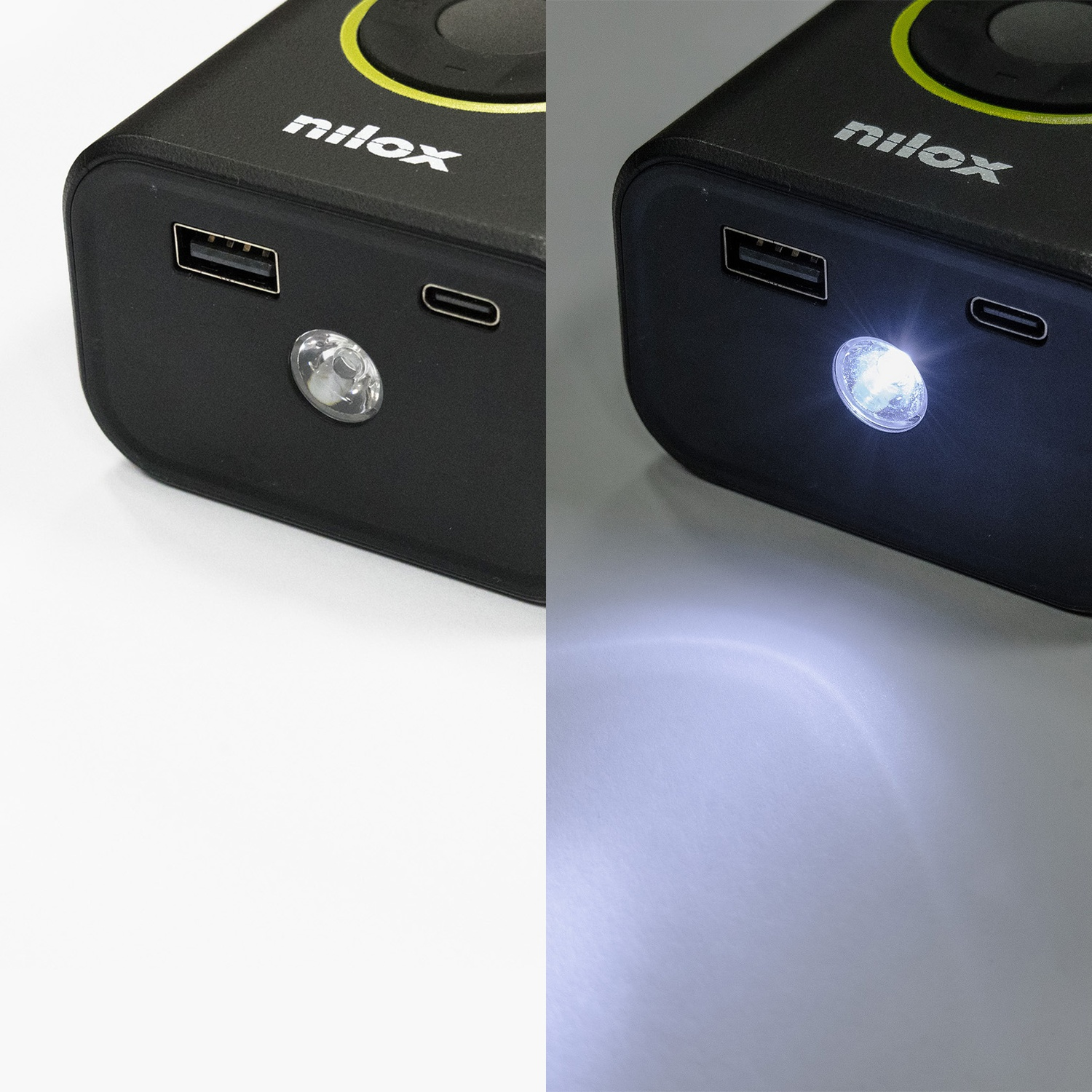 Due immagini di un power bank Nilox nero con una luce bianca accesa.