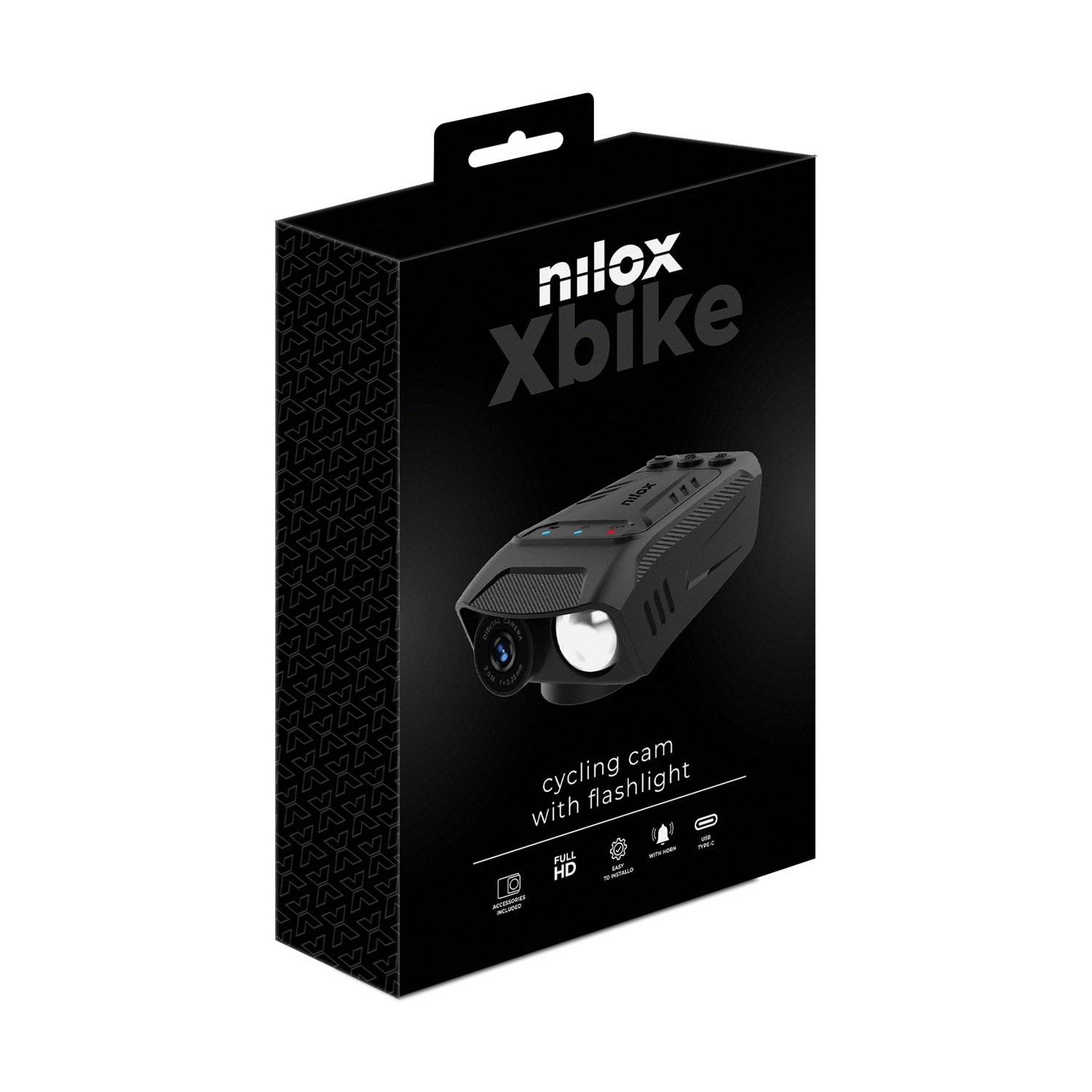 Scatola nera con una telecamera per ciclismo e le parole Xbike. Sfondo bianco.