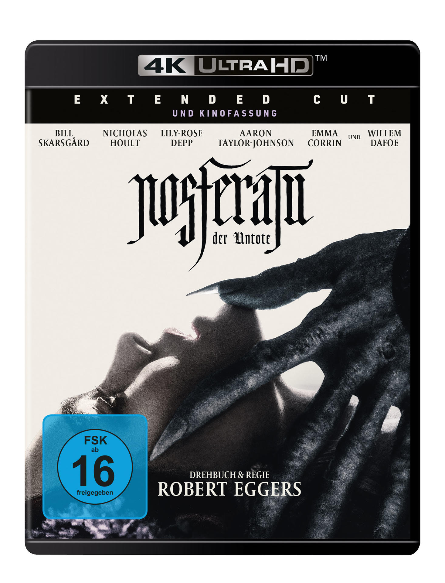 Nosferatu 4K Ultra HD Blu-ray Cover. Zeigt eine dunkelhaarige Frau und eine schattenhafte Hand.