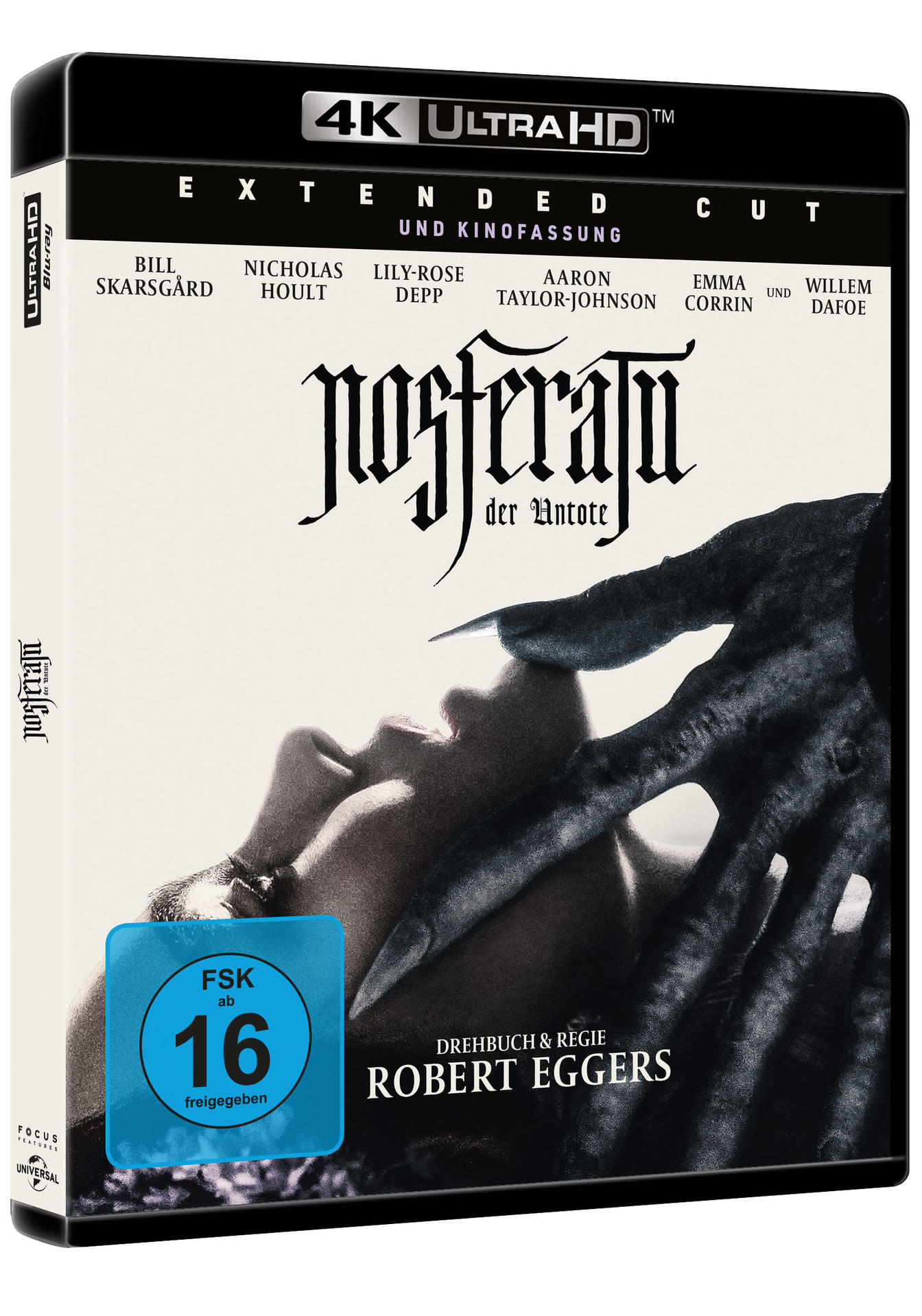 Eine Blu-ray-Disc-Hülle für den Film 'Nosferatu'. Sie ist schwarz mit einem menschlichen Gesicht und Hand.