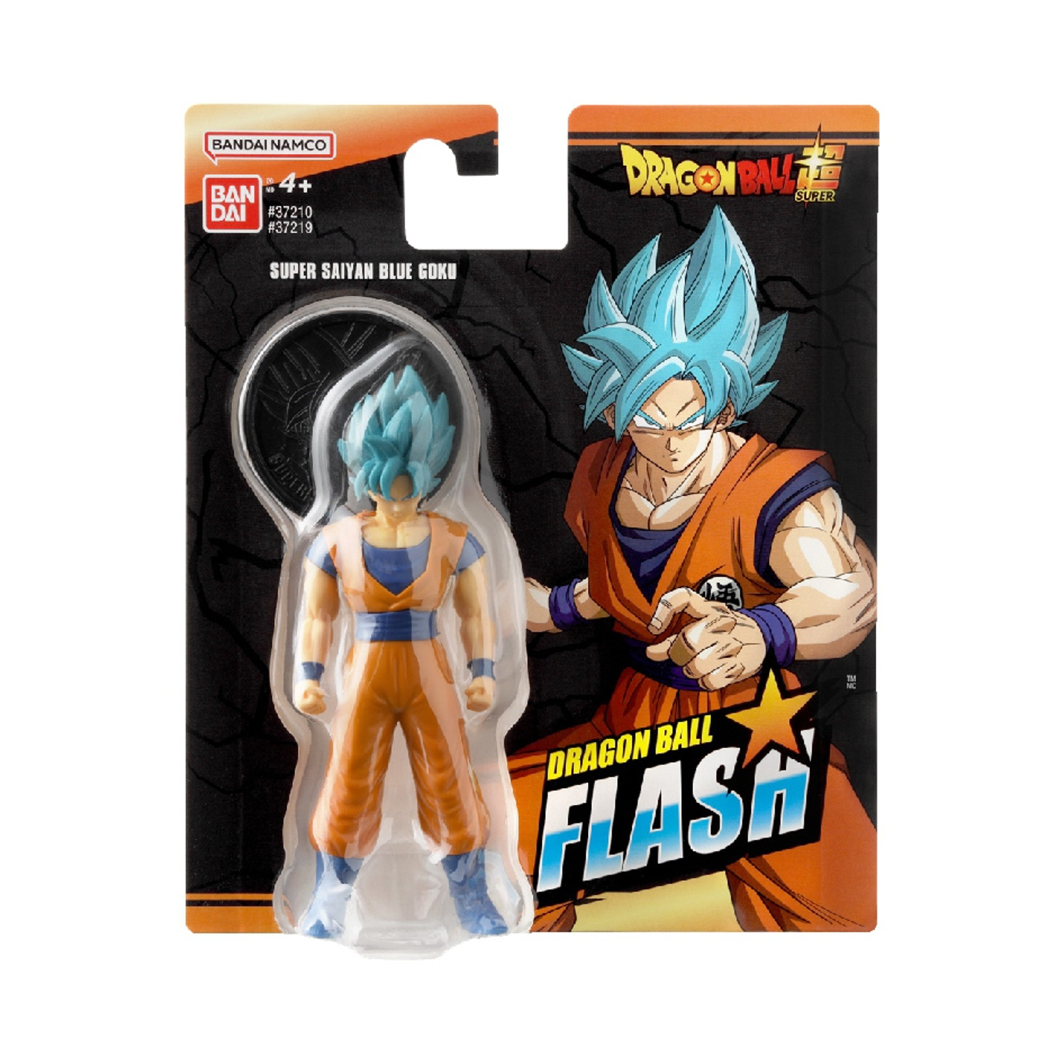 Personaggio di Dragon Ball Super nella confezione. Personaggio di Goku con capelli blu e tuta arancione, sfondo con immagine di Goku.