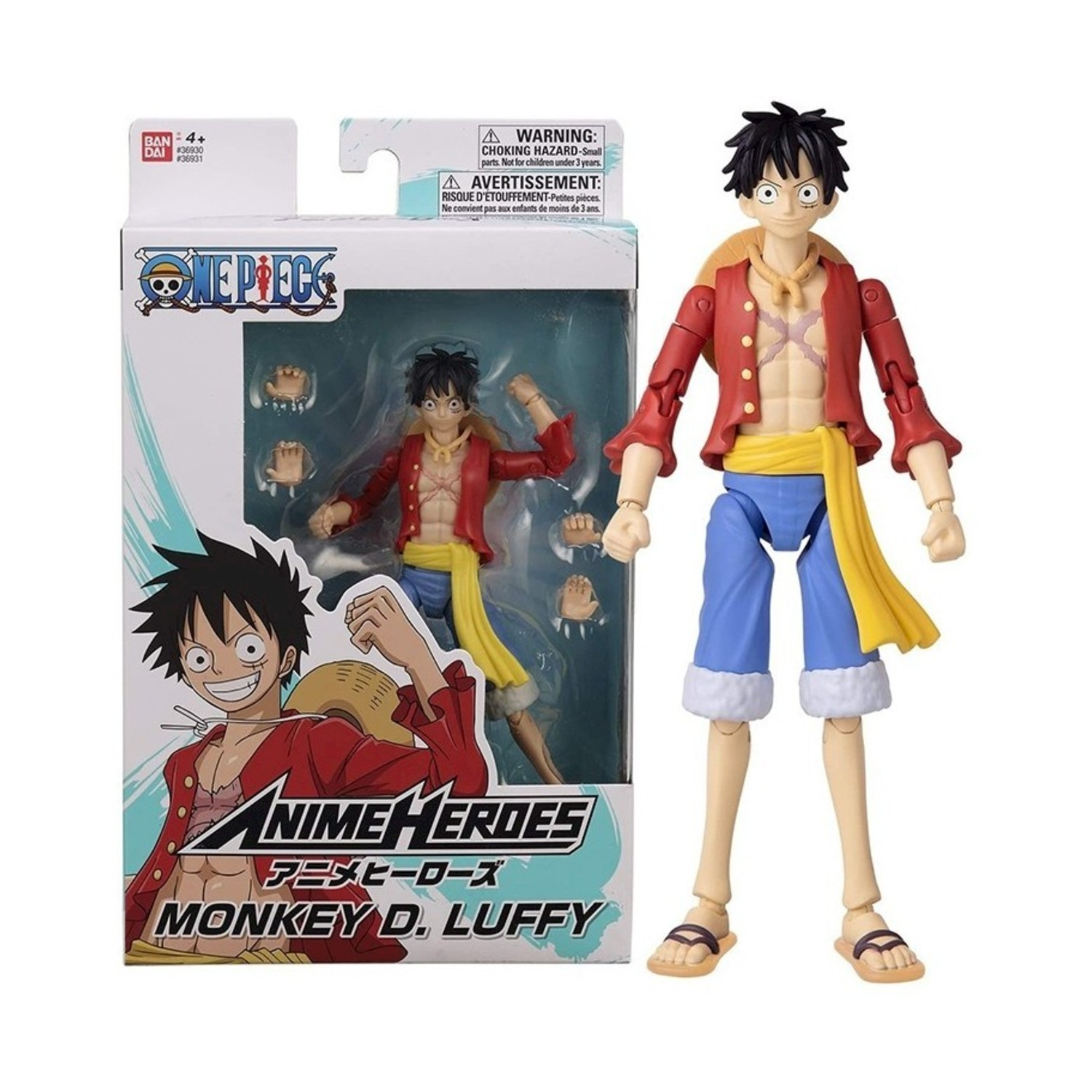 Action figure di Monkey D. Luffy con scatola. La figura indossa una giacca rossa e pantaloncini blu.