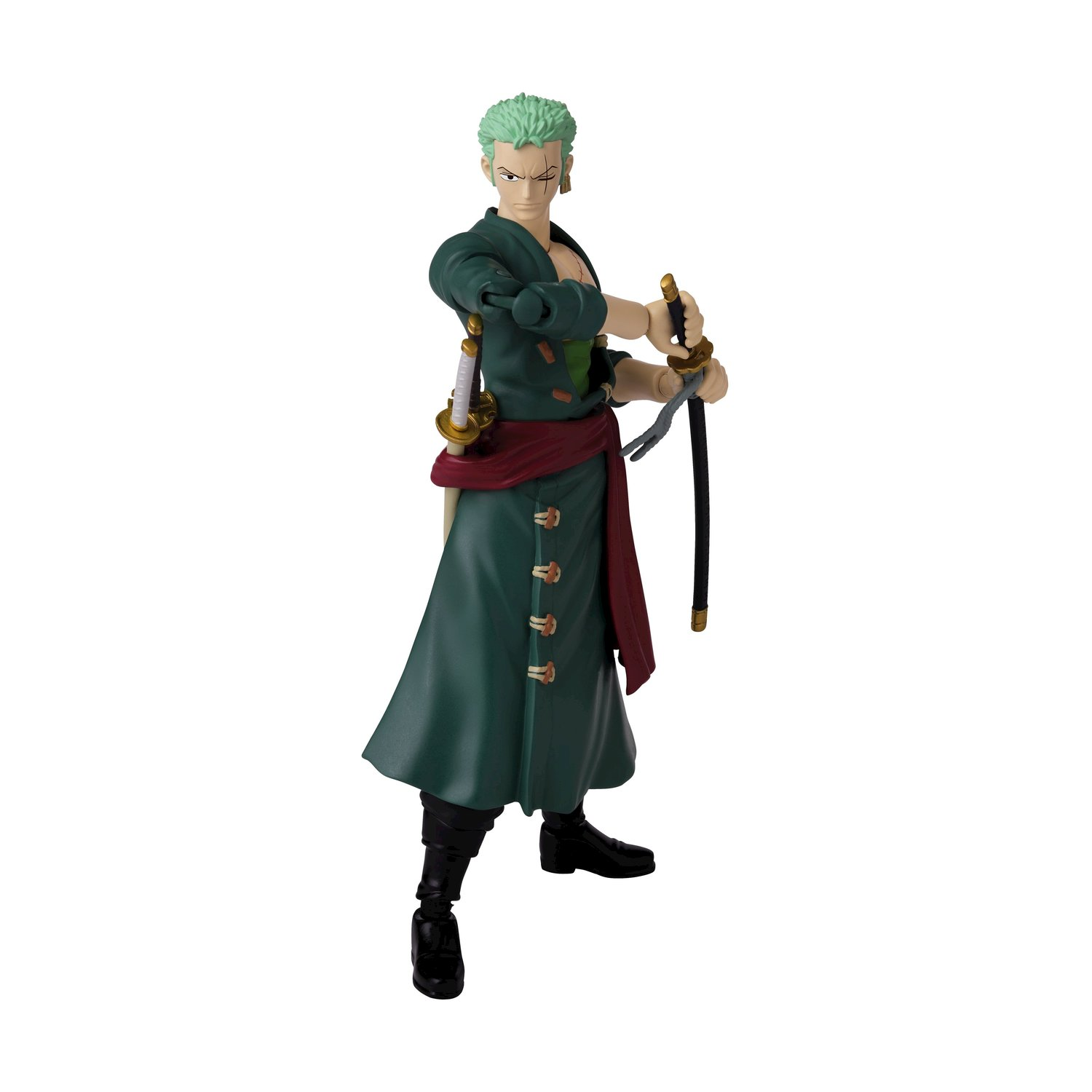 Figura di Zoro di One Piece con spade, abito verde.