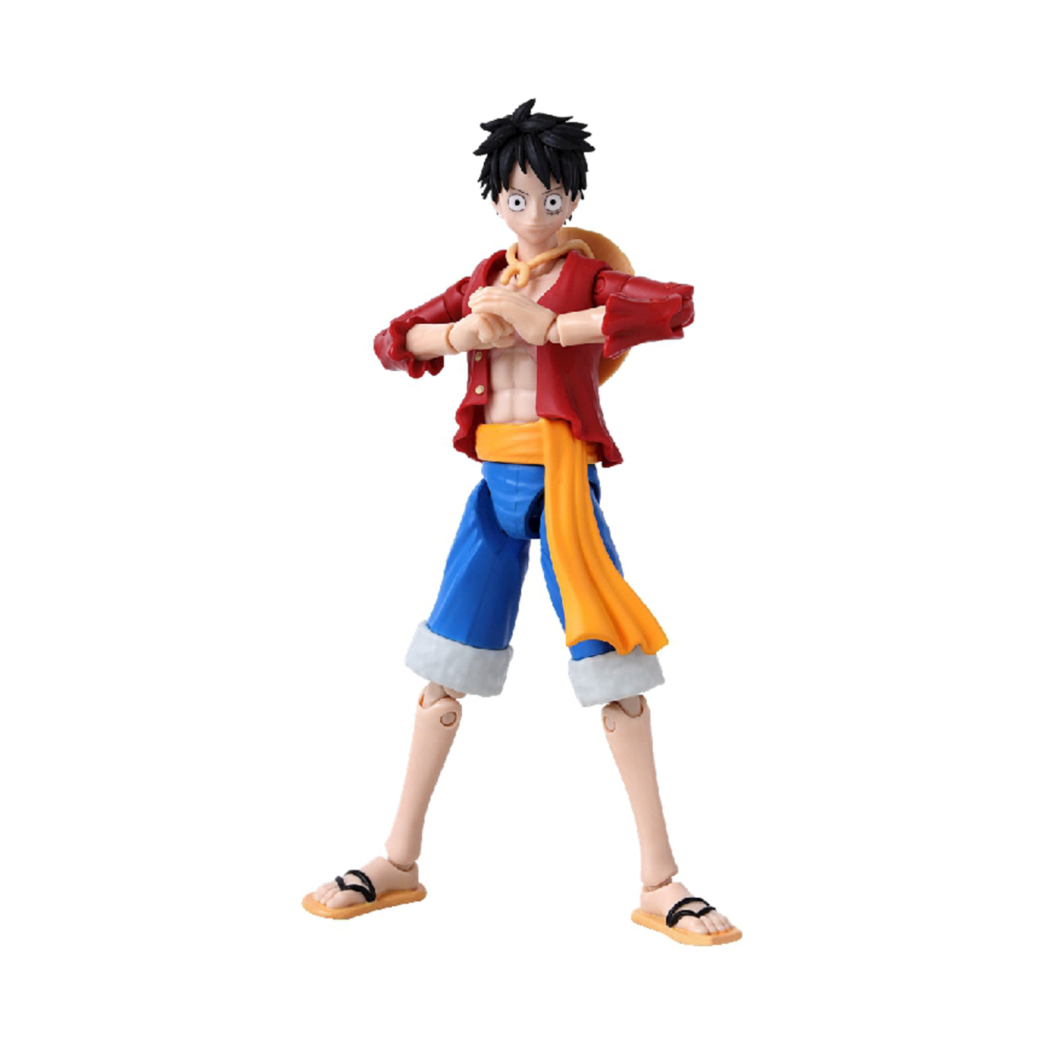Action figure di un personaggio anime con giacca rossa, pantaloncini blu e cappello.
