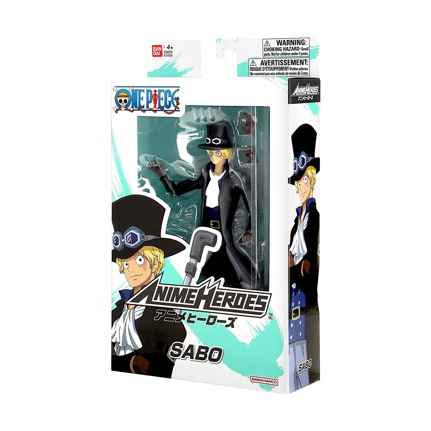 Figura di Sabo Anime Heroes in una scatola. Sabo indossa un cappotto nero e un cappello.