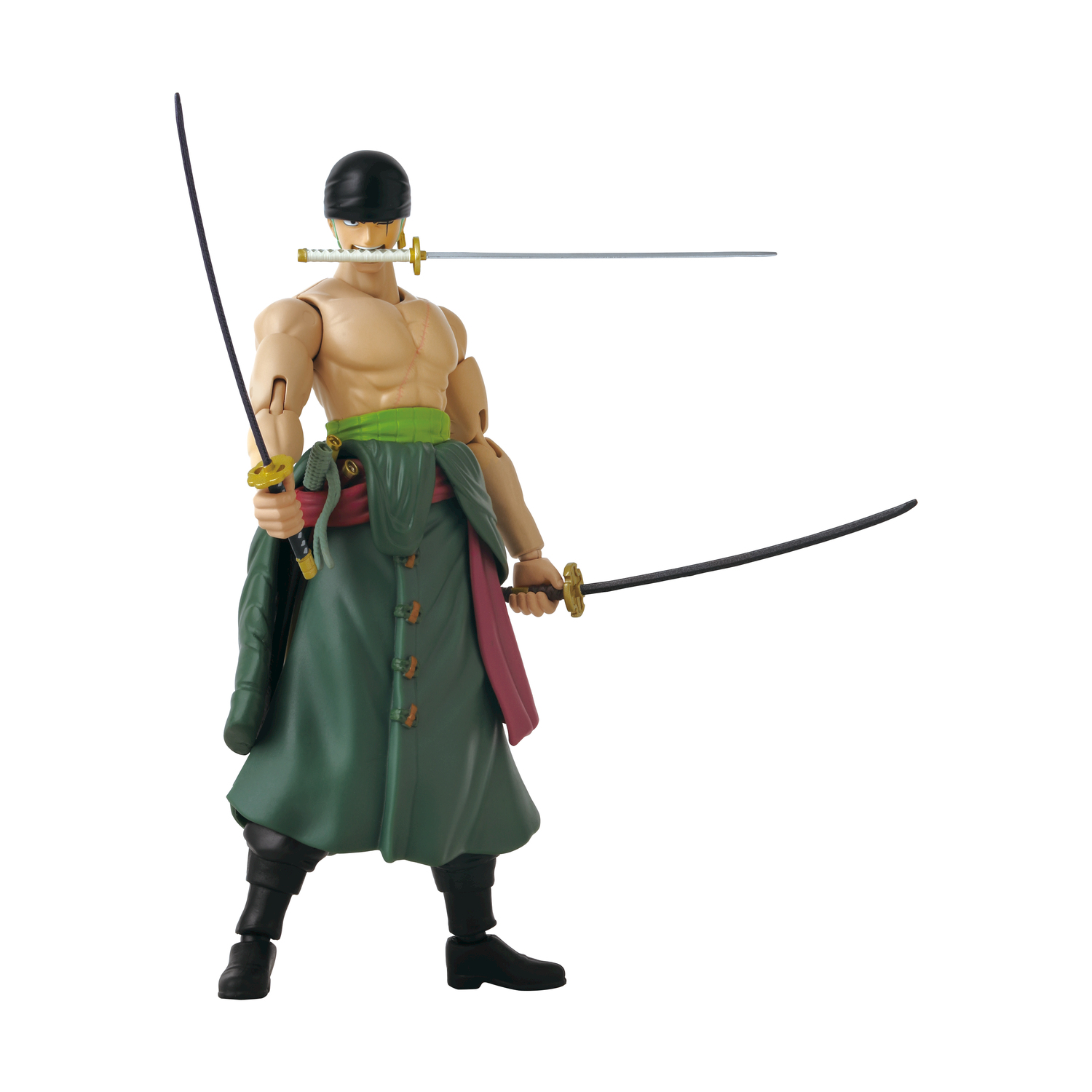 Action figure di un uomo senza camicia con spade. Una in bocca, due in mano. Sfondo bianco.