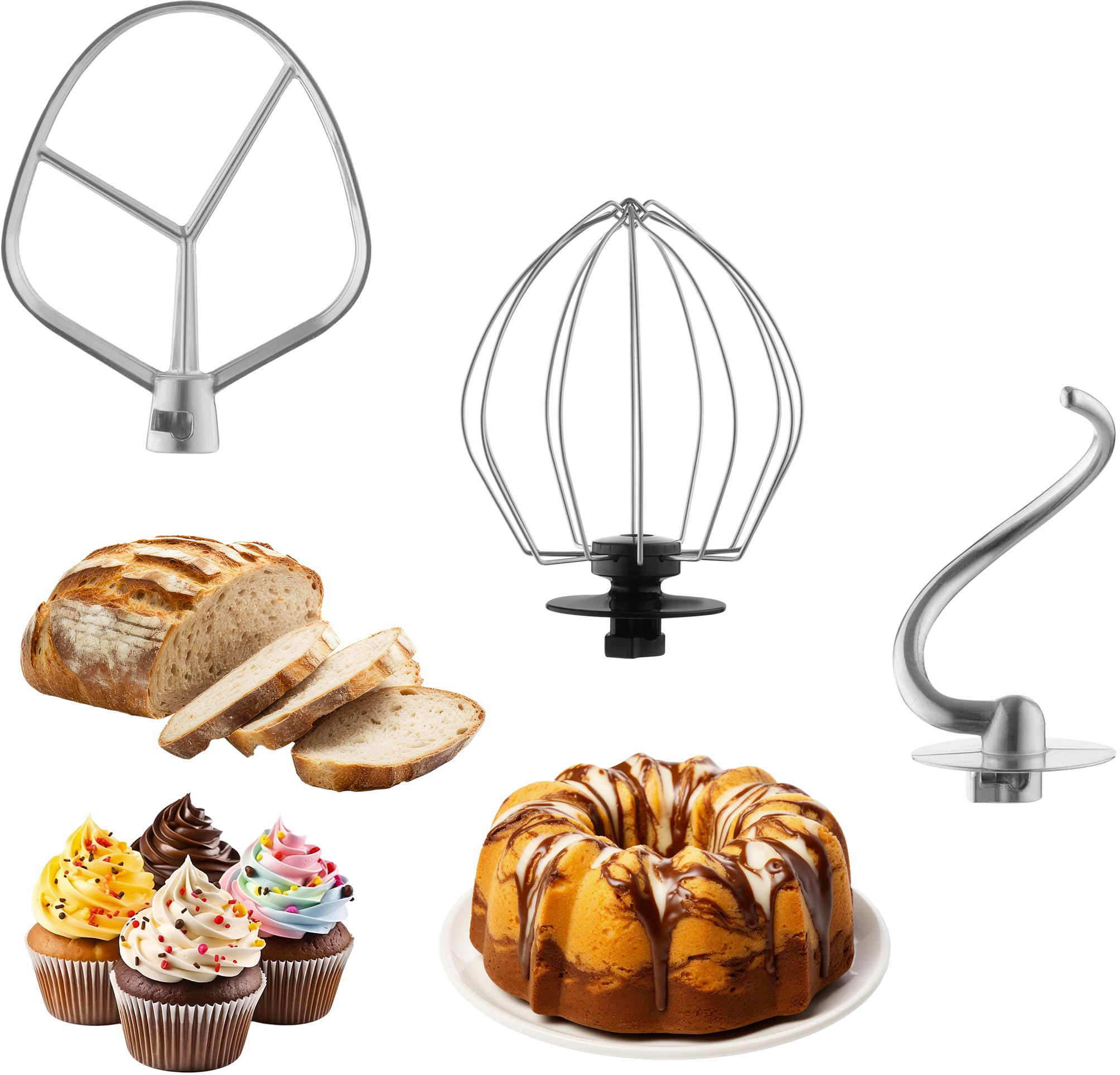 Sütőedények és sütemények: kenyérszeletek, muffinok, kuglóf és különféle keverő tartozékok.