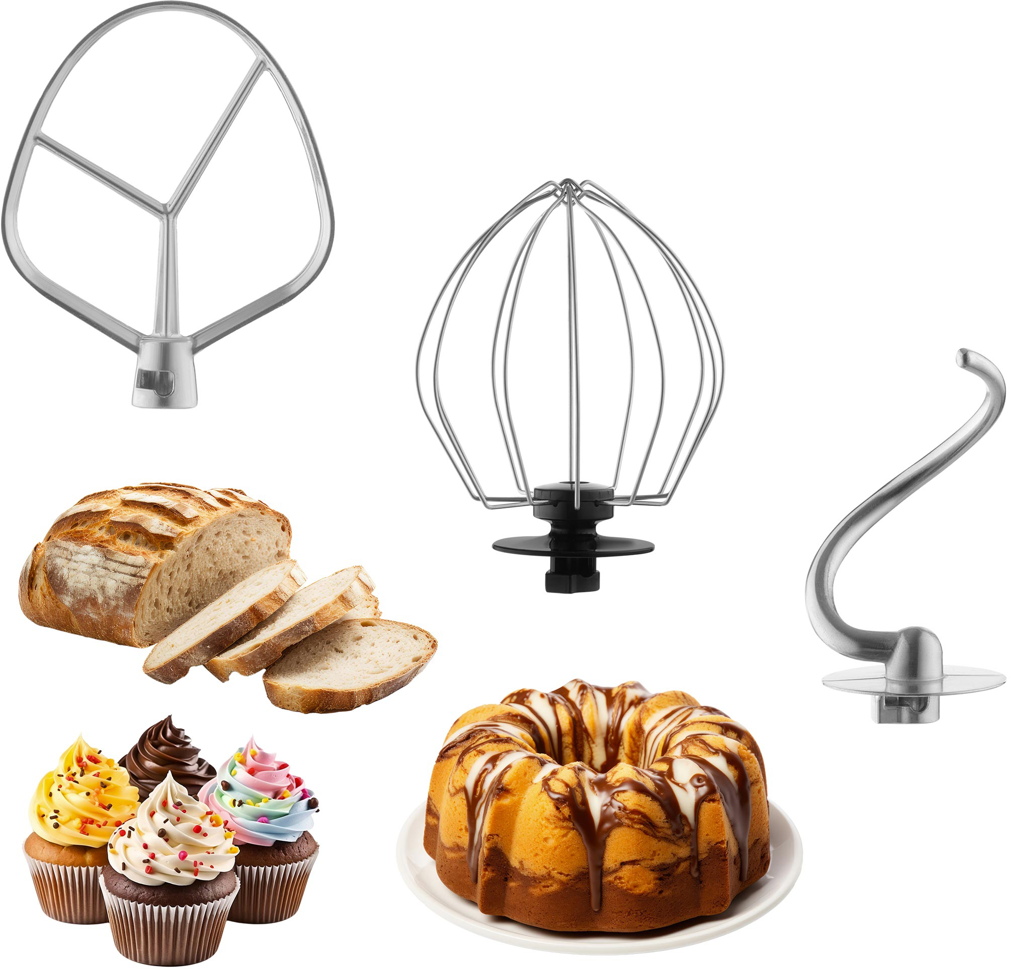 Különböző sütőeszközök, kenyérszeletek és cupcake-ek mázzal és süteménnyel. A háttér fehér.