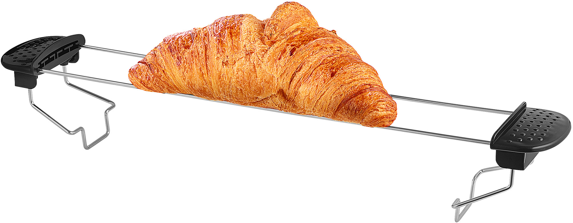 Egy croissant egy kenyérpirító rácson. A rács fekete.