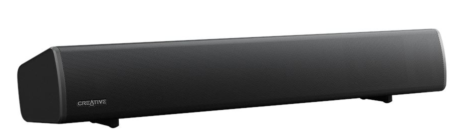 Czarny soundbar na białym tle. Tekst 'CREATIVE' po lewej.