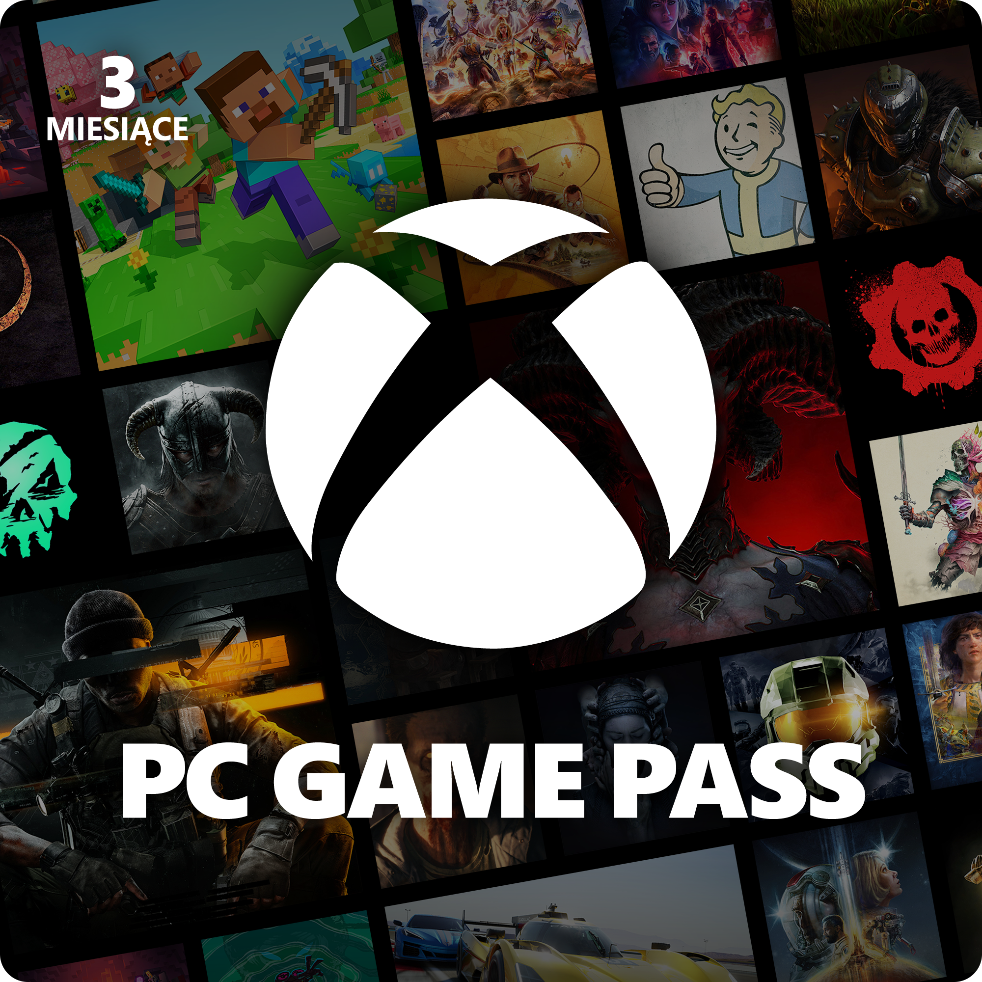 Karta Xbox PC Game Pass ze zdjęciami gier w tle i tekstem.
