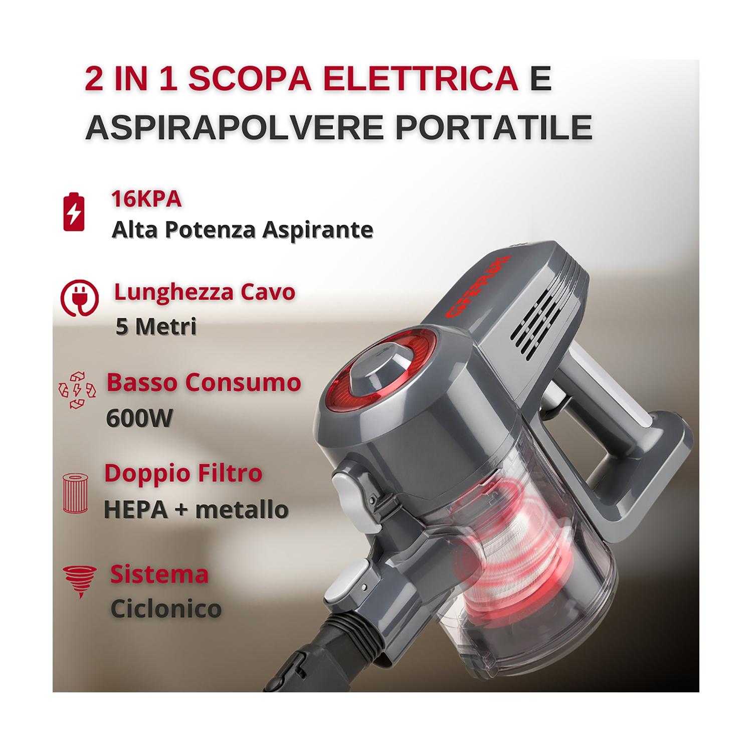 Un aspirapolvere portatile con testo che descrive le sue caratteristiche, inclusa l'aspirazione a 16KPA.