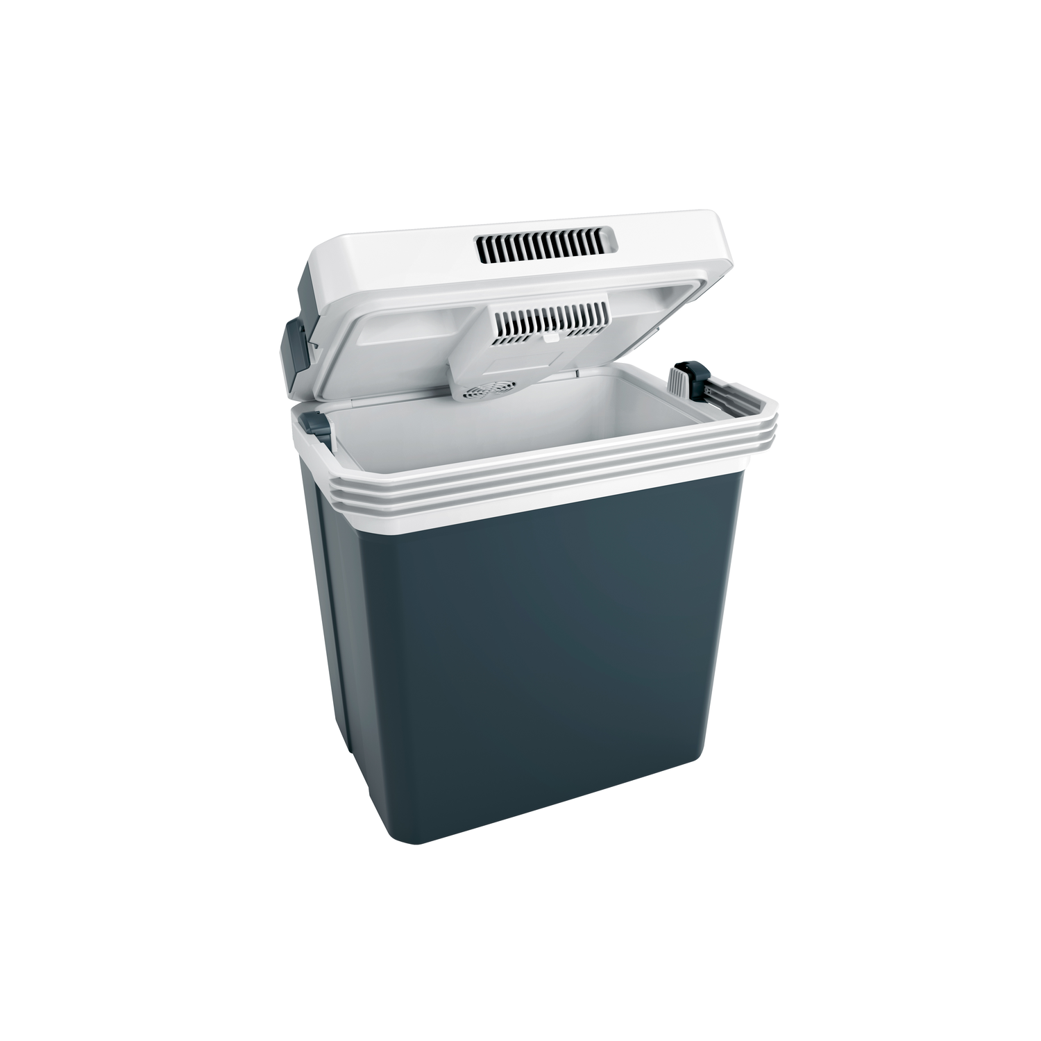 A dark blue portable cooler with an open white lid.