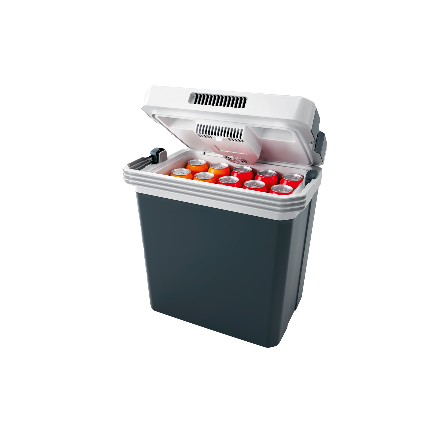 An open cooler with a dark gray body, filled with various canned drinks.