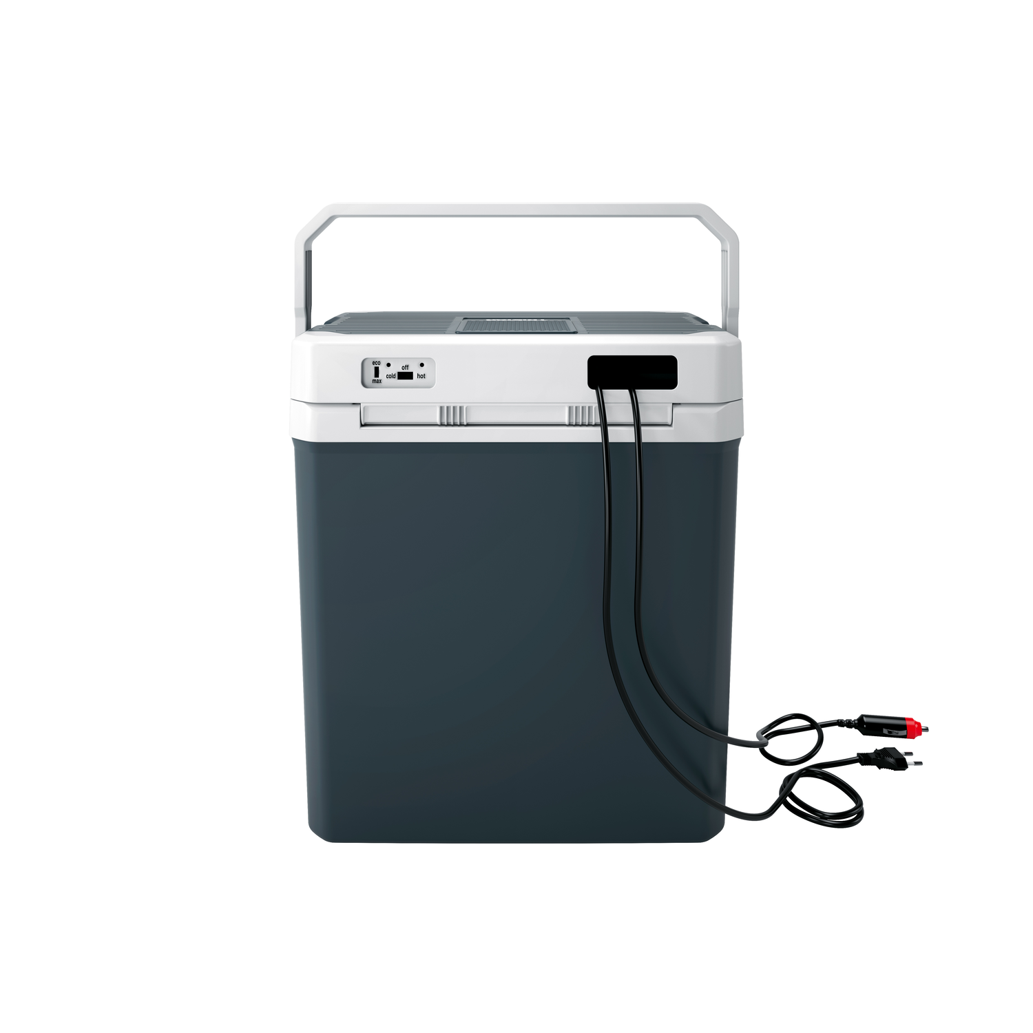 Portable cooler, dark blue with a white top and handle. Two black power cords with connectors.