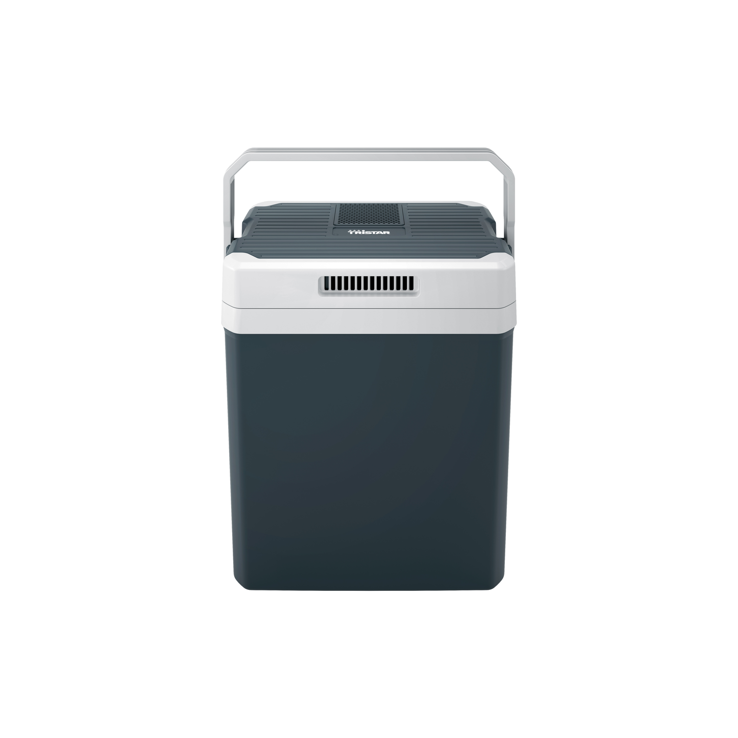 A dark blue and white cooler, with a white handle on top and a Tristar logo.