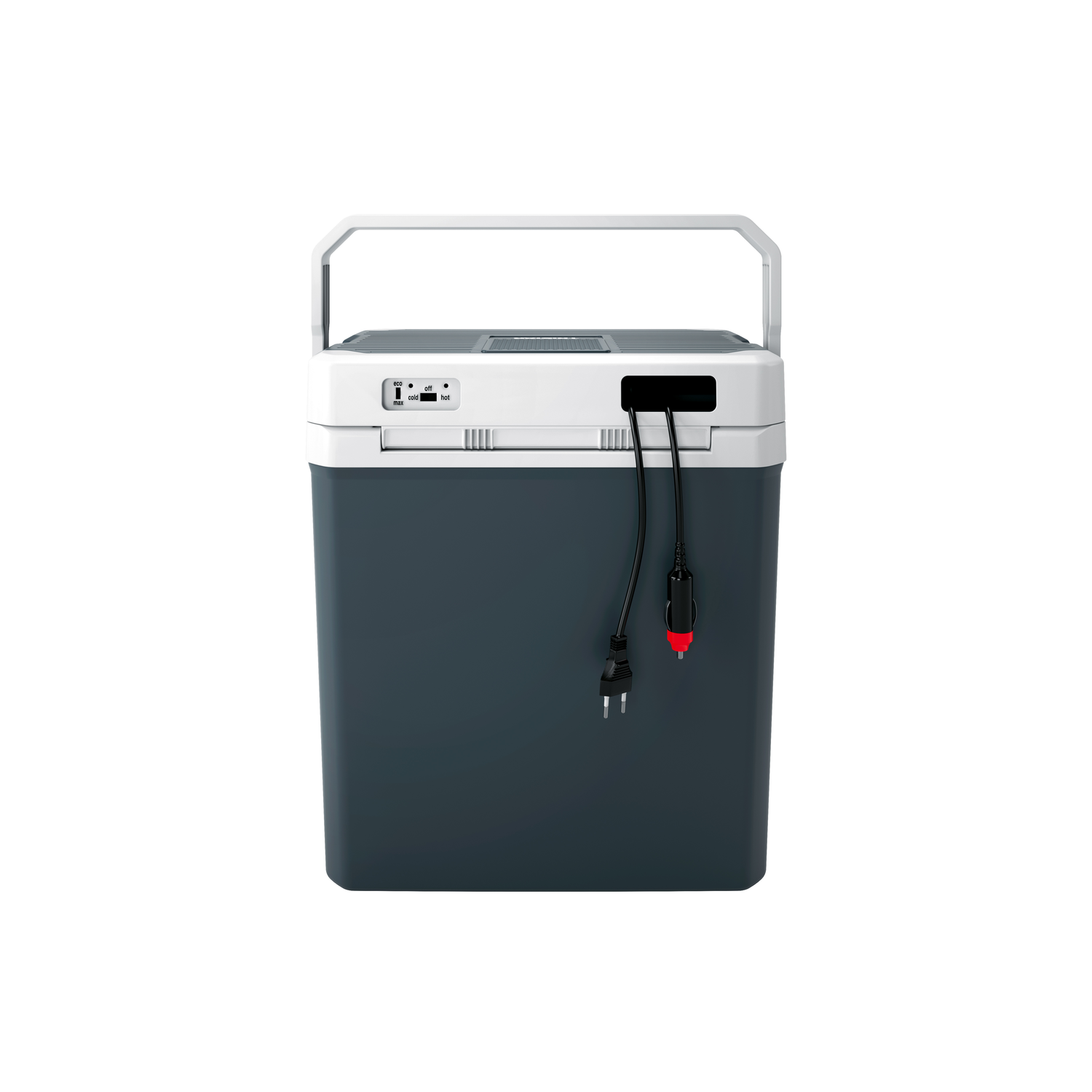 A dark gray and white portable cooler with a handle and power cord.