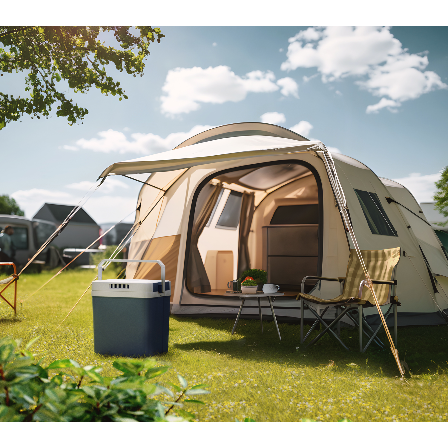 A tent set up on grass with a cooler, camping chair, and table with a cup.