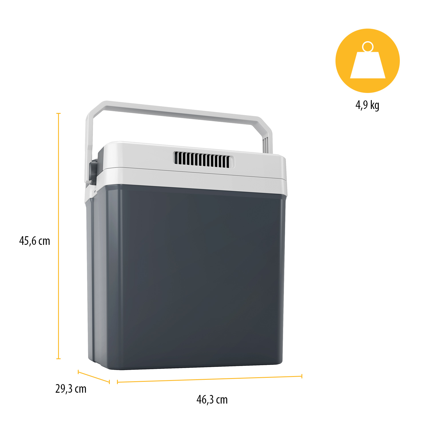 Portable cooler with dimensions and weight. White and dark grey.