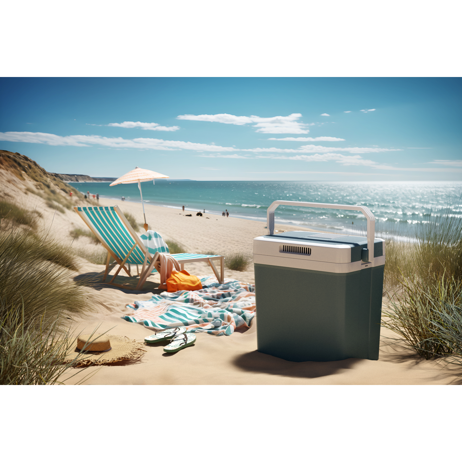Beach scene with a cooler, beach chair, umbrella, and beach accessories. Sunny day, blue sky and sea.