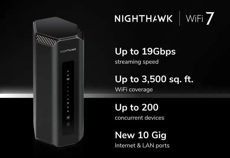 Schwarzer Nighthawk WiFi 7 Router mit Text zu Geschwindigkeit, Abdeckung und Geräteanzahl.