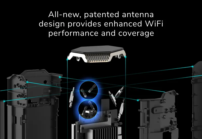 Diagramm, das die internen Komponenten eines Routers mit Antennendesign und WLAN-Details zeigt.