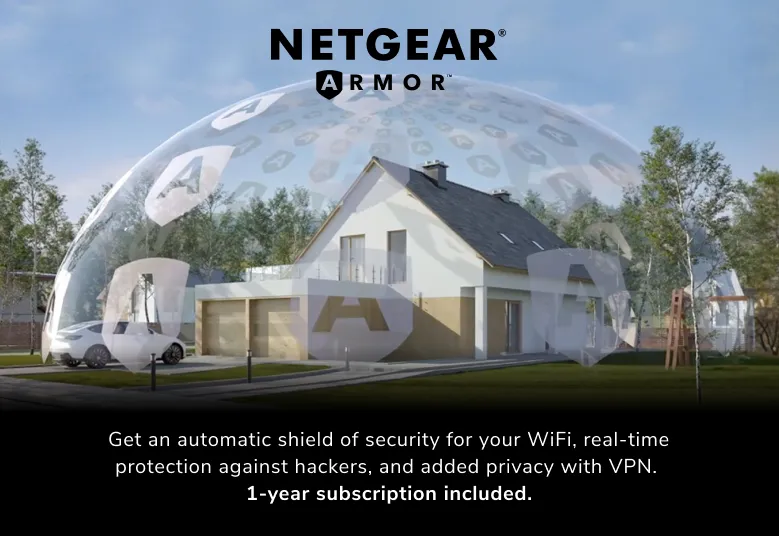 Haus unter Sicherheitskuppel, Auto und Bäume sichtbar, Text über WLAN-Sicherheit.