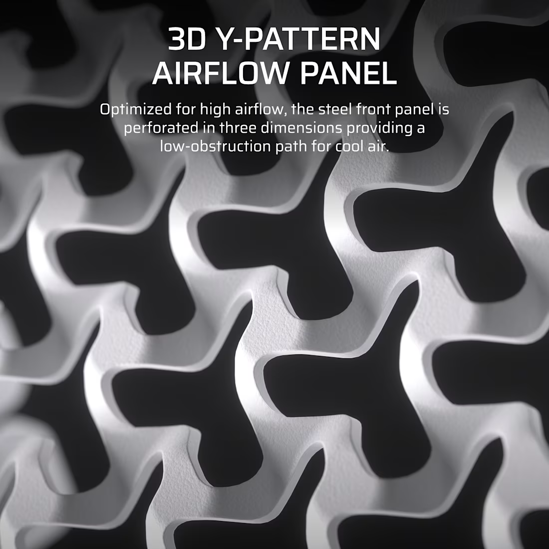 Abstraktes weißes 3D-Y-Muster-Panel mit schwarzem Hintergrund. Text: Airflow Panel.