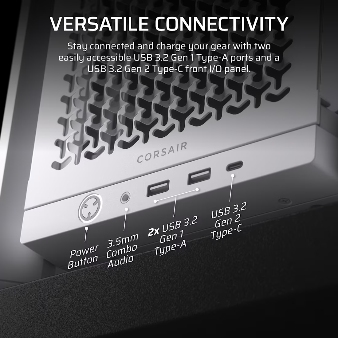 Nahaufnahme eines Computergehäuses mit Anschlüssen: Power Button, 3,5-mm-Audio, USB 3.2 Gen 1 Typ-A.