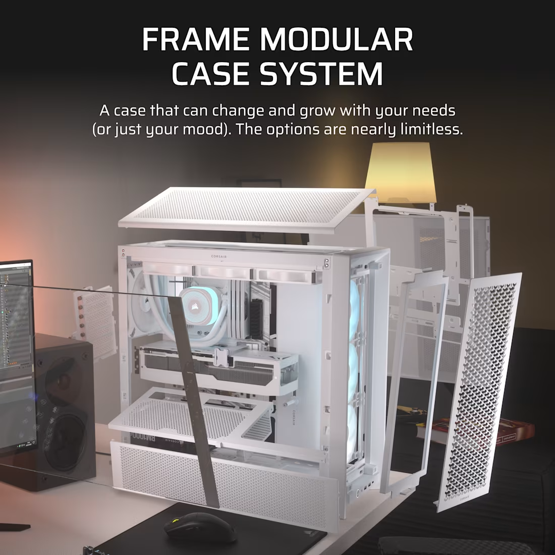 PC-Gehäuse mit Komponenten, die zeigen, wie es konfiguriert werden kann. Text: FRAME MODULAR CASE SYSTEM.