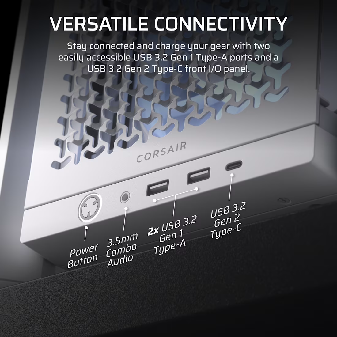 Nahaufnahme der Frontplatte eines Computergehäuses mit beschrifteten Strom-, Audio- und USB-Anschlüssen.