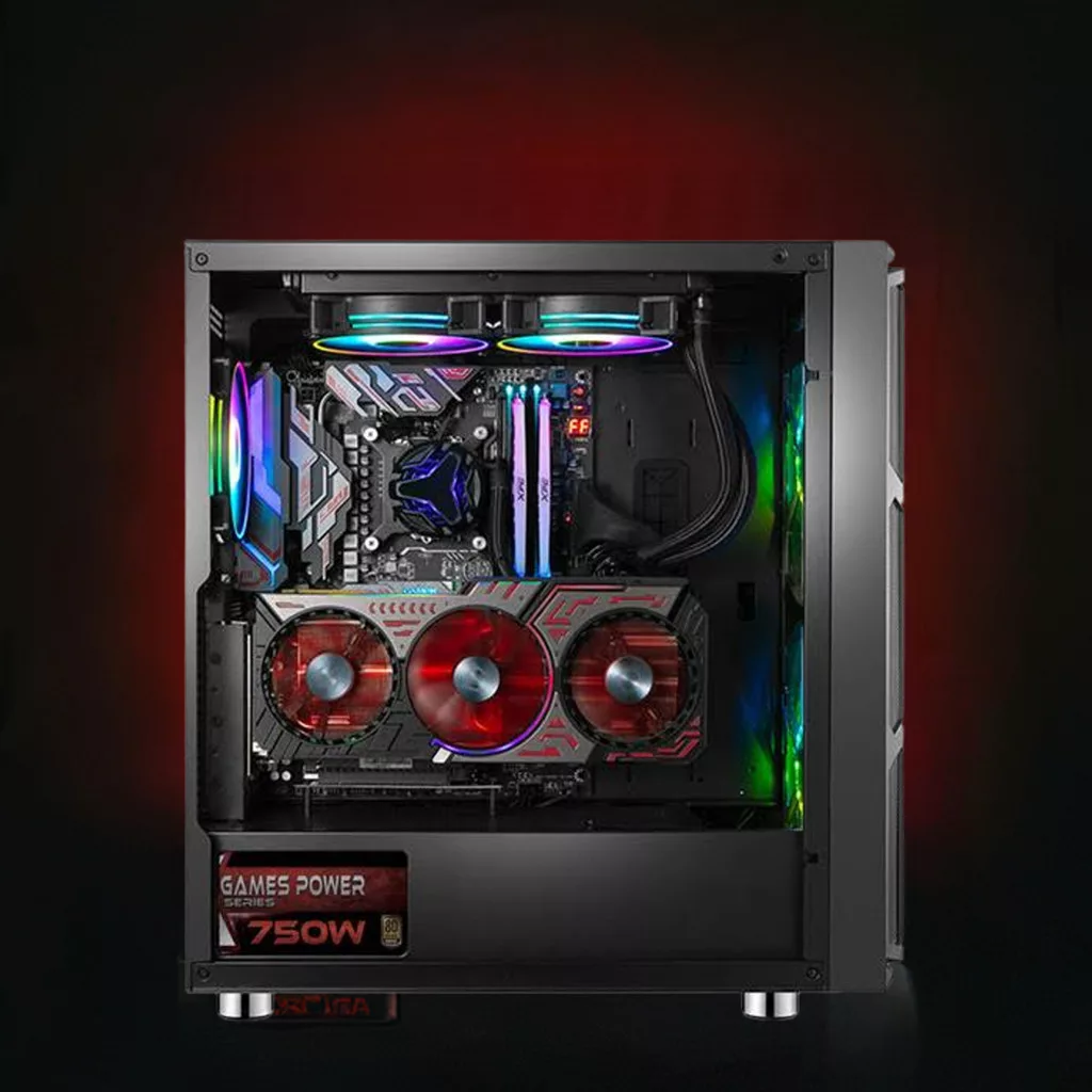 Nyitott PC-tok világító alkatrészekkel: ventilátorok, GPU, alaplap.