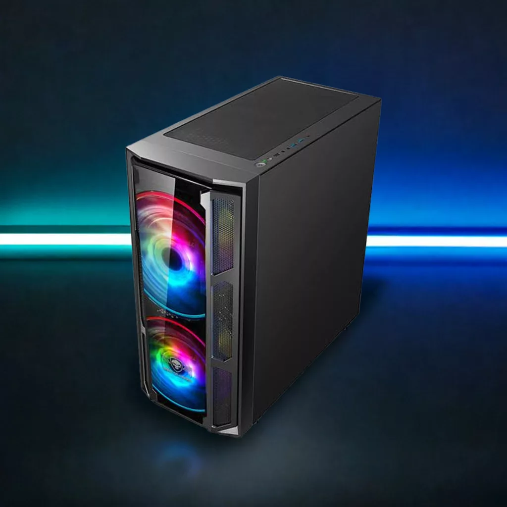 Egy fekete számítógépház, üveg előlappal. Az RGB-fények átragyognak az előlapokon.