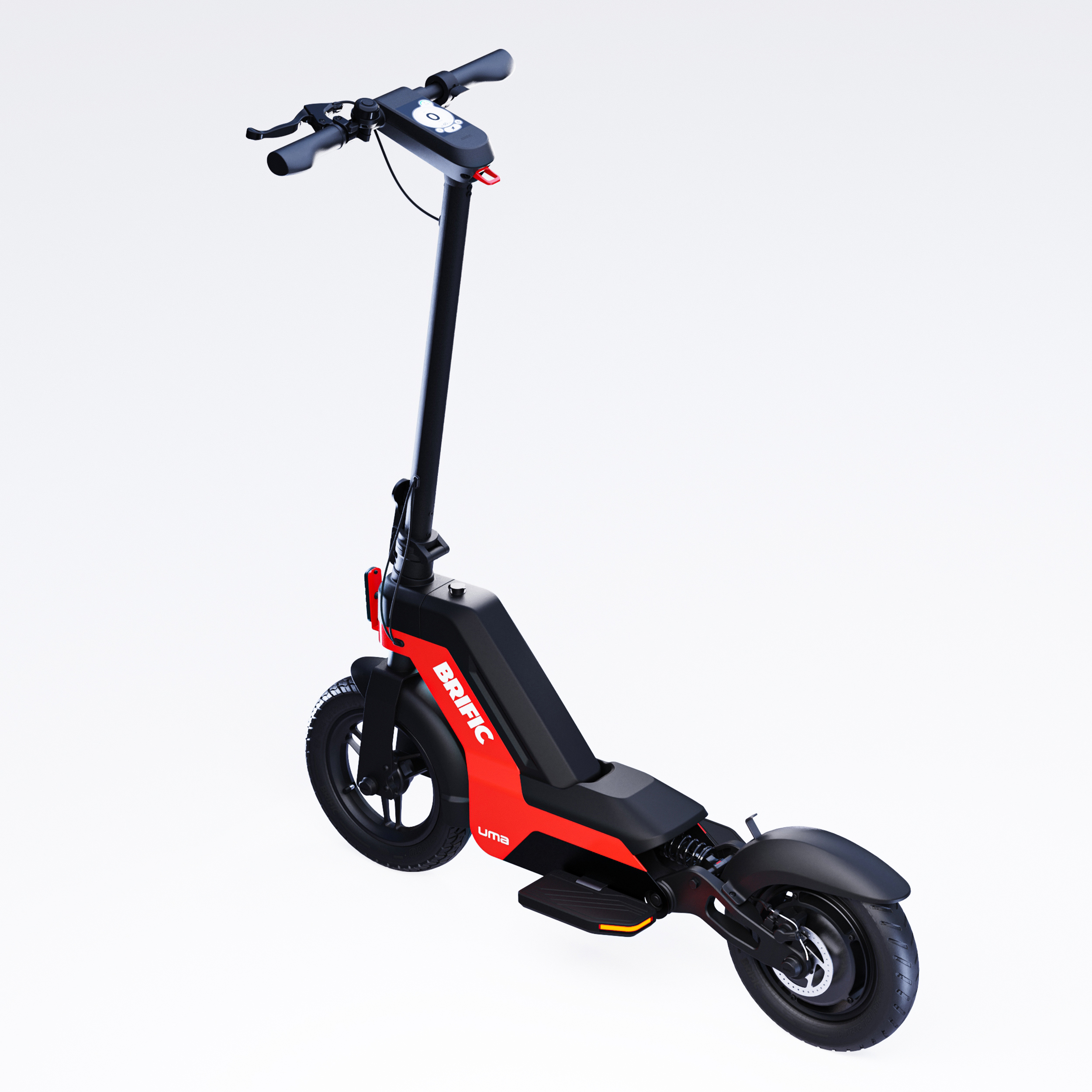Beyaz bir arka plan üzerinde kırmızı ve siyah bir elektrikli scooter. Scooter'ın siyah bir gidonu ve selesi var.