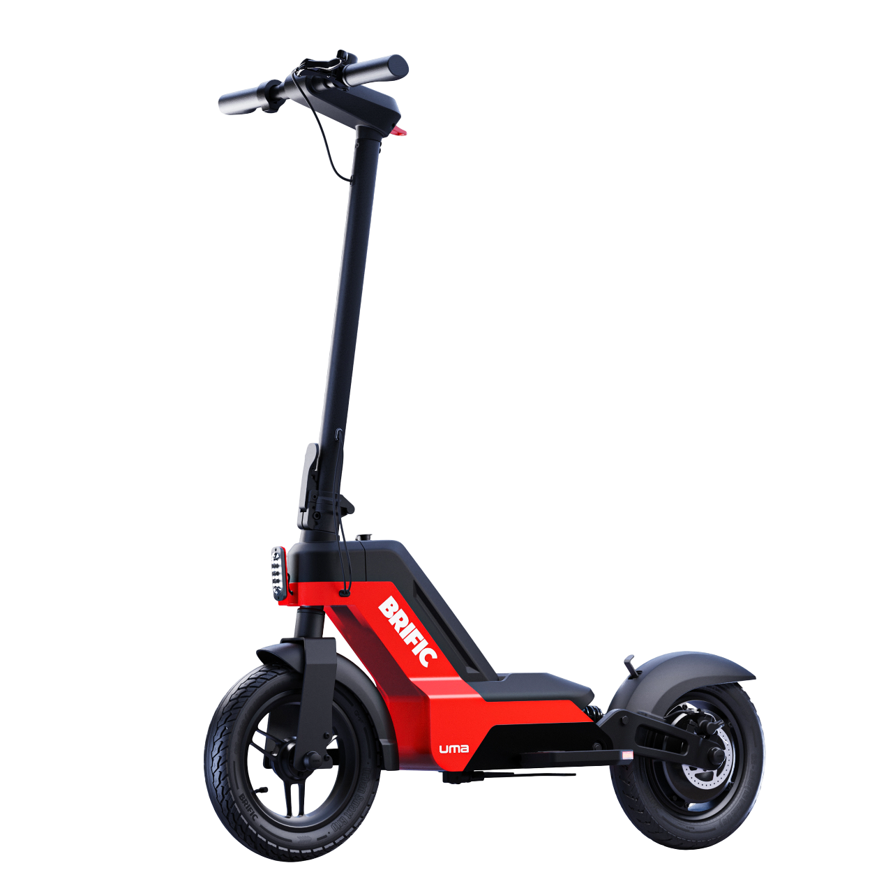 Siyah zemin üzerine kırmızı ve siyah elektrikli scooter.