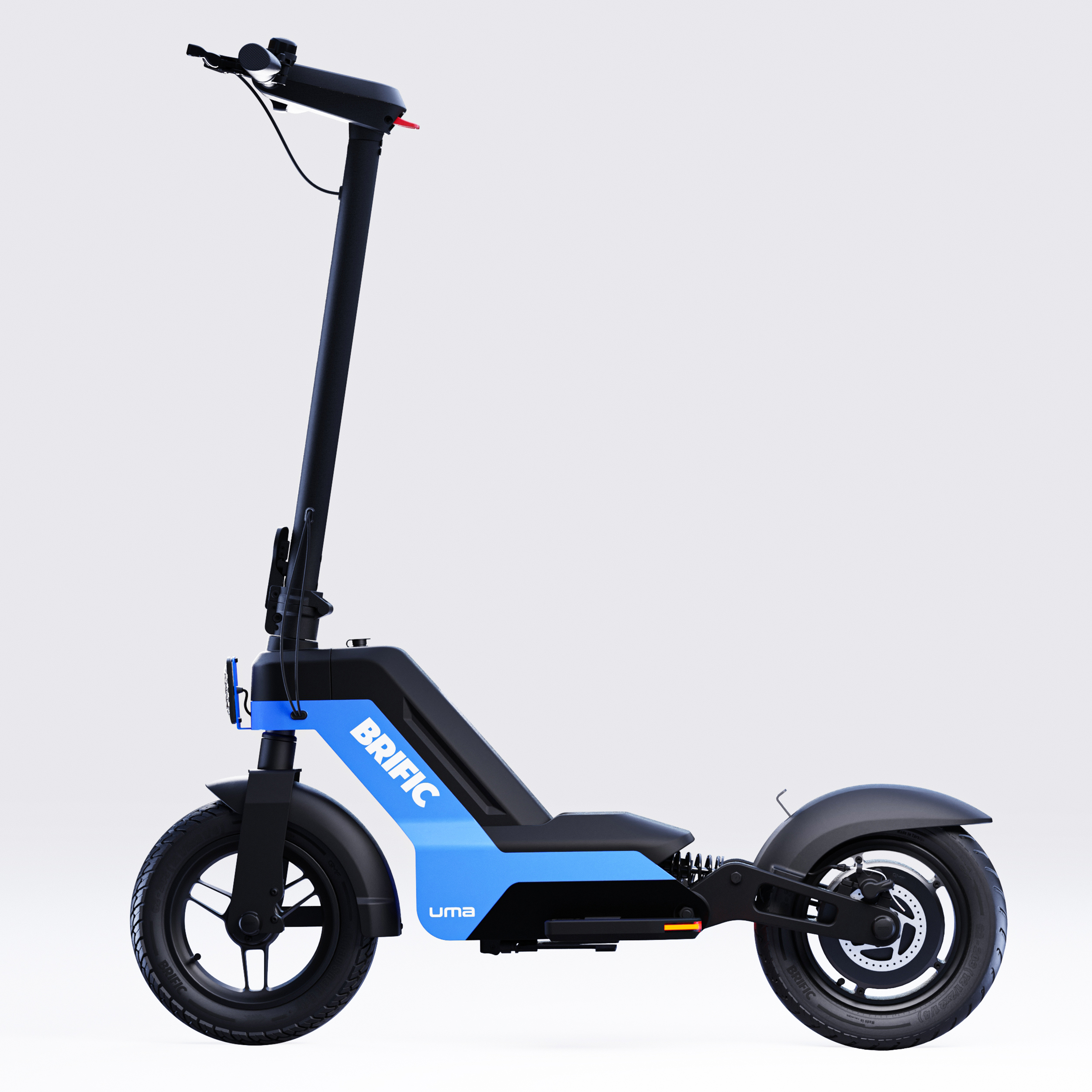 Beyaz zemin üzerinde mavi ve siyah elektrikli scooter.